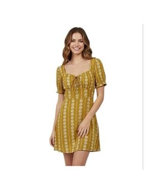 Hem & Thread Mustard Geometric Floral Boho Mini Dress Large